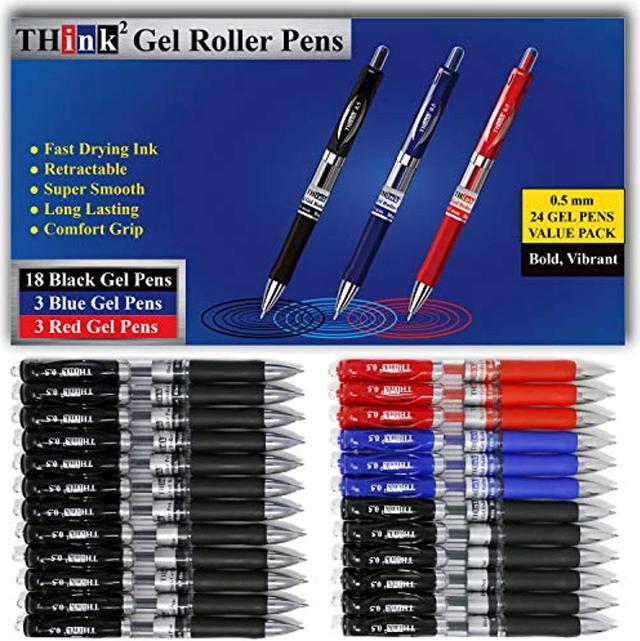 24 Pens - 3 Colors] Think2 Retractable Gel Pens. (18 Black, 3 Red, 3 Blue)  Fine Point (0.5Mm) Rollerball Pens With Comfort Grip. 