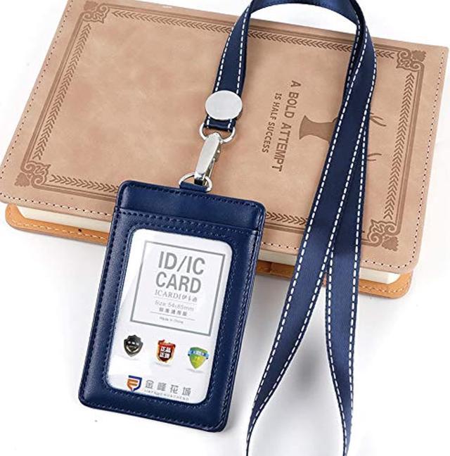 Luxury PU Leather Double Card Sleeve ID Badge Case Clear Bank Credit Card  Badge Holder Coin Purse Zip Card Bag with Neck Lanyard