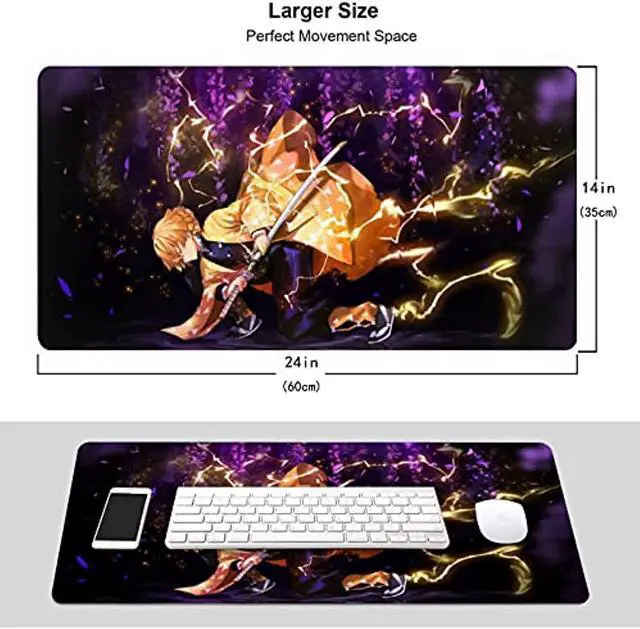 Alt view image 3 of 7 - Large Mouse Pad, Extended Gaming Mousepad Non-Slip Base Keyboard Pad,Desk Mat 24" X 14" In, Anime Mouse Pad (Japanese Anime Demon Slayer Agatsuma Zenitsu)