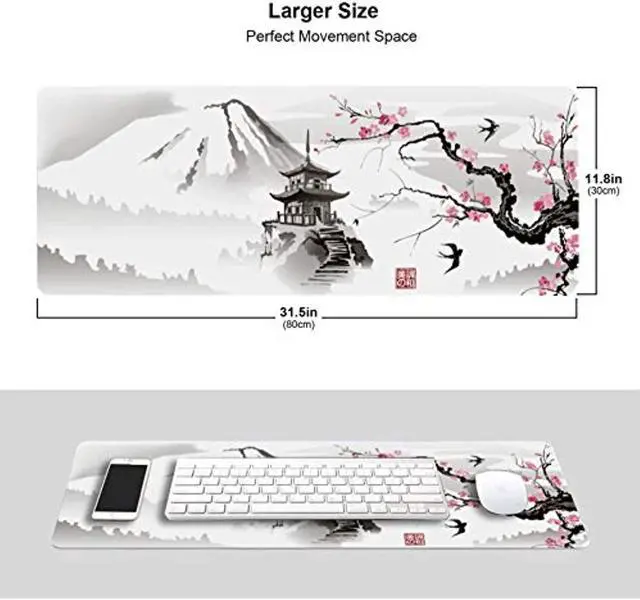 Alt view image 2 of 5 - Japanese Cherry Blossom White Gaming Mouse Pad Xl, Extended Large Mouse Mat Desk Pad, Stitched Edges Mousepad, Long Nonslip Rubber Base Mice Pad, 31.5 X 11.8 Inch