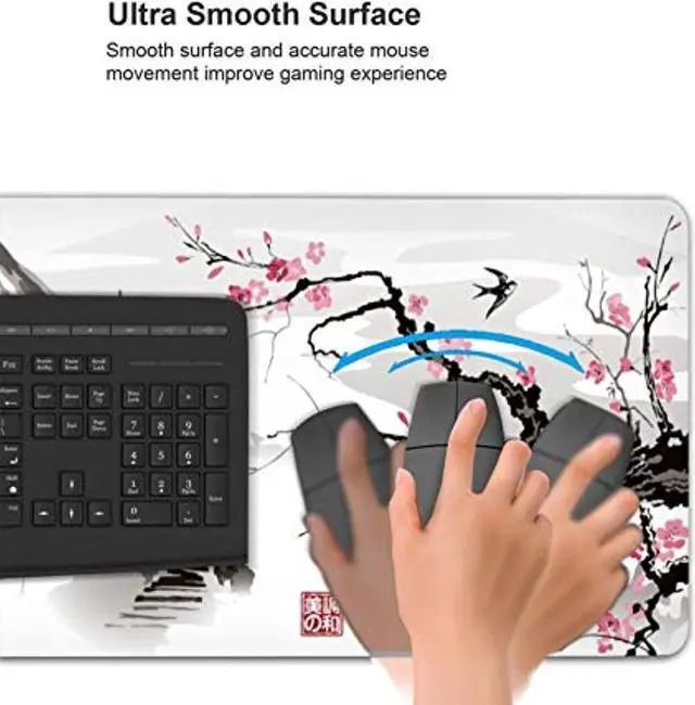 Alt view image 5 of 5 - Japanese Cherry Blossom White Gaming Mouse Pad Xl, Extended Large Mouse Mat Desk Pad, Stitched Edges Mousepad, Long Nonslip Rubber Base Mice Pad, 31.5 X 11.8 Inch