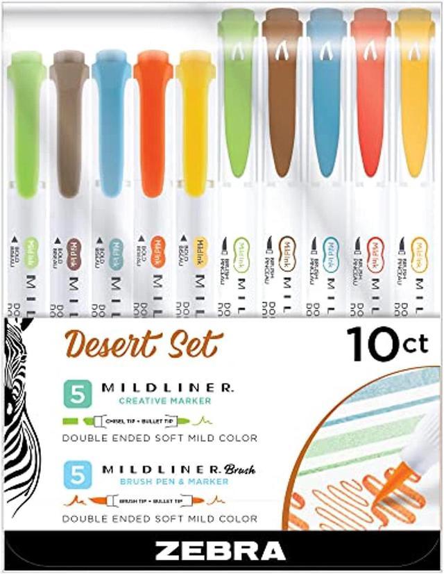 Desert Set, Includes 5 Mildliner Highlighters And 5 Mildliner Brush S,  Assorted Desert Ink Colors, 10-Pack 