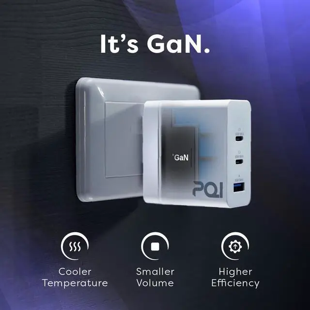 Alt view image 4 of 8 - PQI 65W GaN Wall Charger - 65 Watt USB C PD Fast Power Adapter - Type C Laptop Charger Block - 3-Port Quick Charging Plug Compatible with Apple Macbook Air, iPhone, iPad Pro, and More