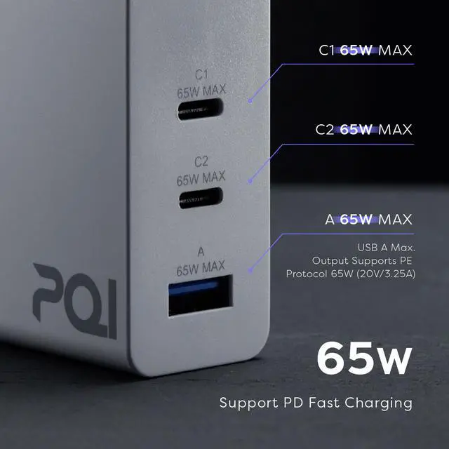 Alt view image 2 of 8 - PQI 65W GaN Wall Charger - 65 Watt USB C PD Fast Power Adapter - Type C Laptop Charger Block - 3-Port Quick Charging Plug Compatible with Apple Macbook Air, iPhone, iPad Pro, and More