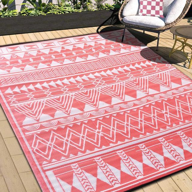 EA ADVANCE Reversible Mats Outdoor Rugs Plastic Straw Rug Indoor Area Rug  Waterproof Large Floor Mats and Rugs for Camping RV Patio Backyard Deck  Picnic Beach (5' x 7', Coral) 