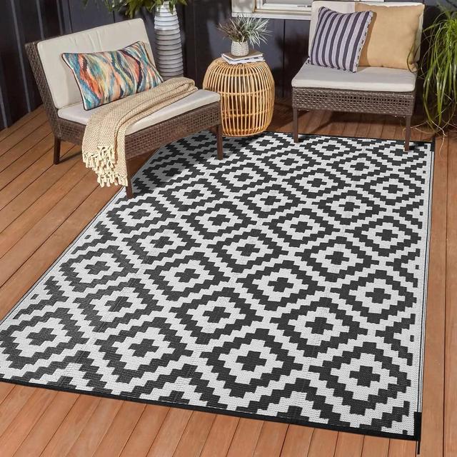 COOLMI Outdoor Patio Rug Waterproof 4' x 6' Plastic Straw Rug Large Floor Mat and Outside Area Rugs Carpet Reversible Mats for Camping RV Camper Patios (Grey