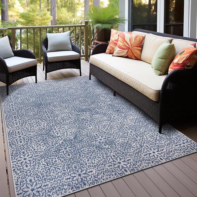 Contemporary Floral Blue 5' x 7' Indoor/Outdoor Area Rug