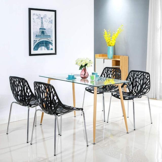 Bonnlo Modern Stackable Dining Chair Set of 4 for Kitchen, Black, Plastic  Birch Sapling Chairs for Dining Room,Living Room,Waiting Room (Black) 