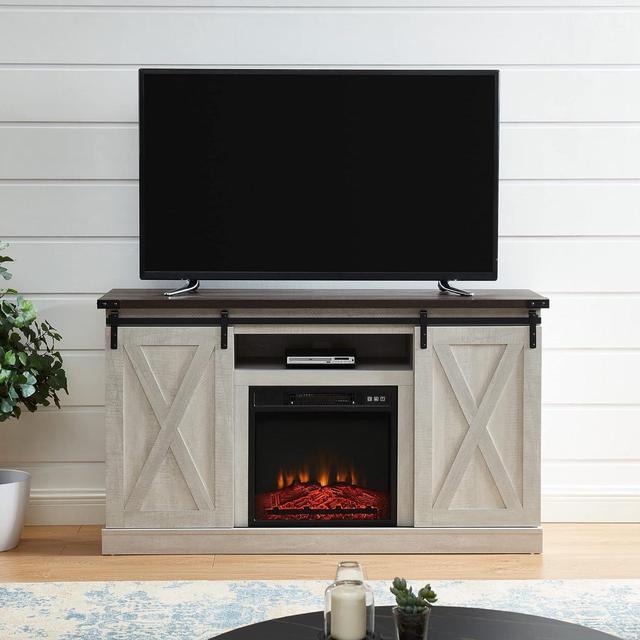 Sliding barn door entertainment deals center with fireplace