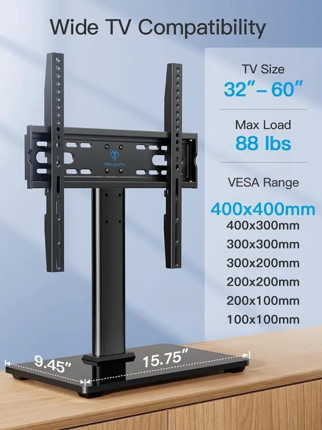 Alt view image 2 of 7 - PERLESMITH Universal TV Stand - Table Top TV Stand for 32-60 inch LCD LED TVs - Height Adjustable TV Base Stand with Tempered Glass Base & Wire Management, VESA 400x400mm PSTVS04