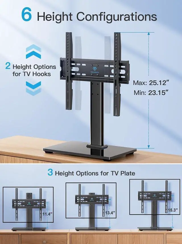 Alt view image 3 of 7 - PERLESMITH Universal TV Stand - Table Top TV Stand for 32-60 inch LCD LED TVs - Height Adjustable TV Base Stand with Tempered Glass Base & Wire Management, VESA 400x400mm PSTVS04