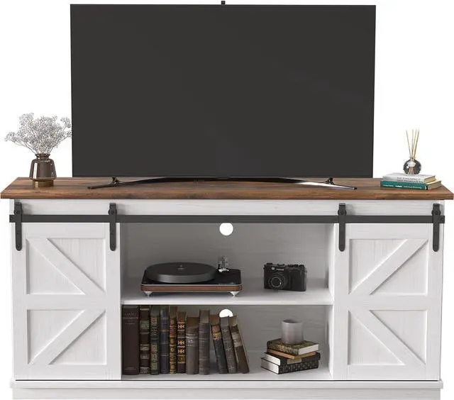 Main image of JUMMICO Farmhouse TV Stand up to 65 Inches, Mid Century Modern Entertainment Center with Sliding Barn Doors and Storage Cabinets, Metal Media TV Console Table for Living Room (Bright White)