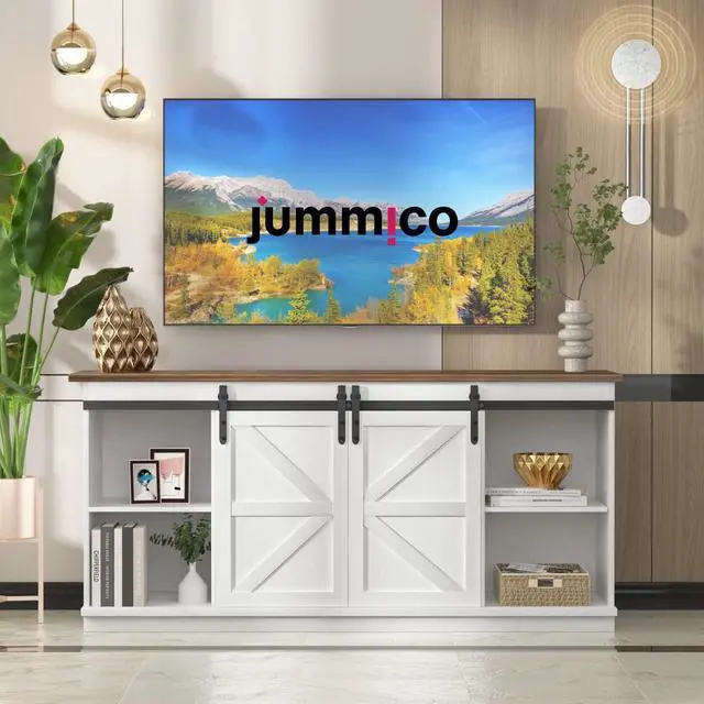 Alt view image 3 of 7 - JUMMICO Farmhouse TV Stand up to 65 Inches, Mid Century Modern Entertainment Center with Sliding Barn Doors and Storage Cabinets, Metal Media TV Console Table for Living Room (Bright White)