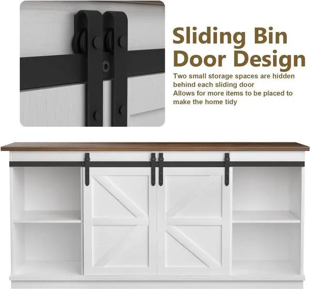 Alt view image 4 of 7 - JUMMICO Farmhouse TV Stand up to 65 Inches, Mid Century Modern Entertainment Center with Sliding Barn Doors and Storage Cabinets, Metal Media TV Console Table for Living Room (Bright White)