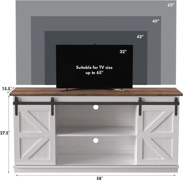 Alt view image 5 of 7 - JUMMICO Farmhouse TV Stand up to 65 Inches, Mid Century Modern Entertainment Center with Sliding Barn Doors and Storage Cabinets, Metal Media TV Console Table for Living Room (Bright White)
