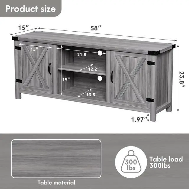 Alt view image 2 of 7 - YESHOMY Modern Farmhouse TV Stand with Two Barn Doors and Storage Cabinets for Televisions up to 65+ Inch, Entertainment Center Console Table, Media Furniture for Living Room, 58 Inch, Gray Wash