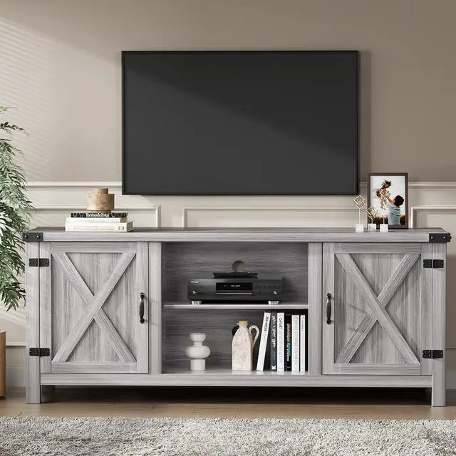 Alt view image 3 of 7 - YESHOMY Modern Farmhouse TV Stand with Two Barn Doors and Storage Cabinets for Televisions up to 65+ Inch, Entertainment Center Console Table, Media Furniture for Living Room, 58 Inch, Gray Wash