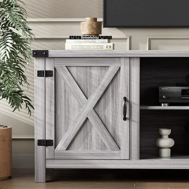 Alt view image 6 of 7 - YESHOMY Modern Farmhouse TV Stand with Two Barn Doors and Storage Cabinets for Televisions up to 65+ Inch, Entertainment Center Console Table, Media Furniture for Living Room, 58 Inch, Gray Wash