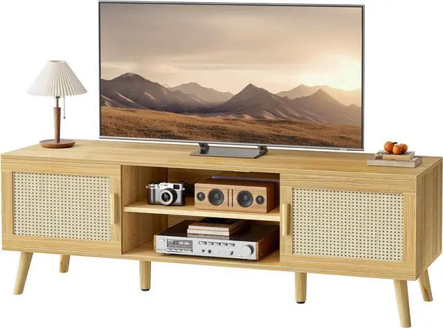 Main image of SUPERJARE Boho TV Stand for 55 Inch TV, Entertainment Center with Adjustable Shelf, Rattan TV Console with 2 Cabinets, Media Console, Solid Wood Feet, 4 Cord Holes, for Living Room - Natural