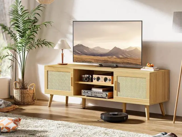 Alt view image 2 of 7 - SUPERJARE Boho TV Stand for 55 Inch TV, Entertainment Center with Adjustable Shelf, Rattan TV Console with 2 Cabinets, Media Console, Solid Wood Feet, 4 Cord Holes, for Living Room - Natural