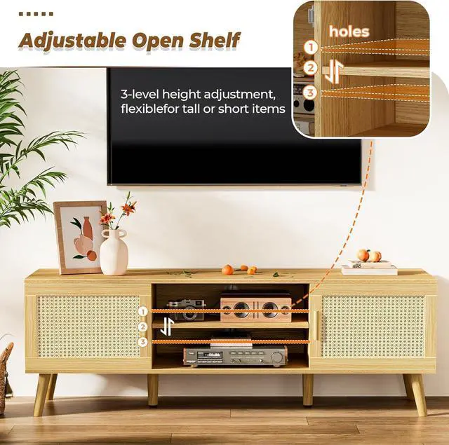 Alt view image 3 of 7 - SUPERJARE Boho TV Stand for 55 Inch TV, Entertainment Center with Adjustable Shelf, Rattan TV Console with 2 Cabinets, Media Console, Solid Wood Feet, 4 Cord Holes, for Living Room - Natural