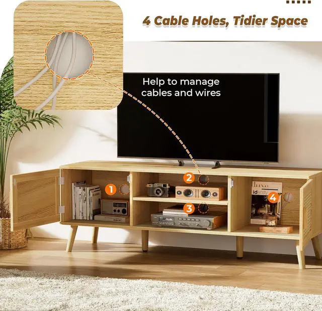 Alt view image 4 of 7 - SUPERJARE Boho TV Stand for 55 Inch TV, Entertainment Center with Adjustable Shelf, Rattan TV Console with 2 Cabinets, Media Console, Solid Wood Feet, 4 Cord Holes, for Living Room - Natural