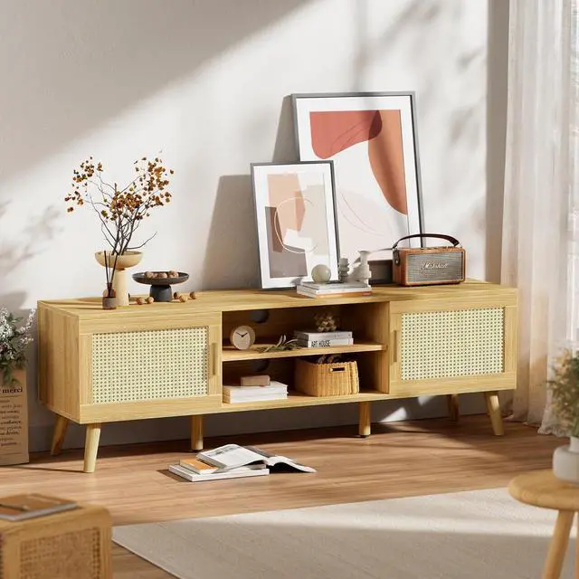 Alt view image 5 of 7 - SUPERJARE Boho TV Stand for 55 Inch TV, Entertainment Center with Adjustable Shelf, Rattan TV Console with 2 Cabinets, Media Console, Solid Wood Feet, 4 Cord Holes, for Living Room - Natural