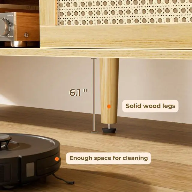 Alt view image 6 of 7 - SUPERJARE Boho TV Stand for 55 Inch TV, Entertainment Center with Adjustable Shelf, Rattan TV Console with 2 Cabinets, Media Console, Solid Wood Feet, 4 Cord Holes, for Living Room - Natural