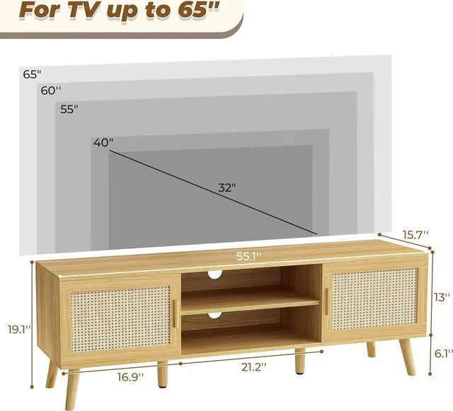 Alt view image 7 of 7 - SUPERJARE Boho TV Stand for 55 Inch TV, Entertainment Center with Adjustable Shelf, Rattan TV Console with 2 Cabinets, Media Console, Solid Wood Feet, 4 Cord Holes, for Living Room - Natural