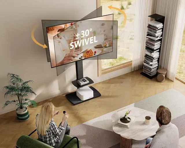 Alt view image 2 of 6 - FITUEYES Floor TV Stand Tall Corner TV Stands for TVs 32 37 43 50 55 60 65 70 Inch Swivel TV Mount Stand with Height Adjustable Shelf Upgrade Sturdy Wood Base for Bedroom, Living Room