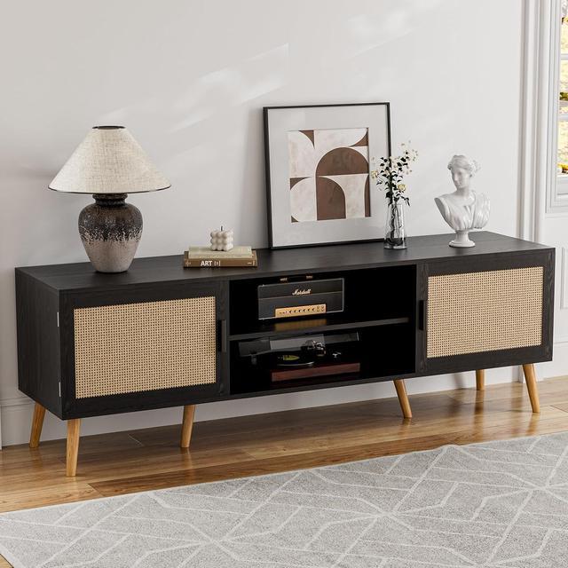 TV Stand with Rattan Door for Televisions up to 55 with Adjustable Shelves  and Storage Cabinets, Modern Entertainment Center Console Table for Living