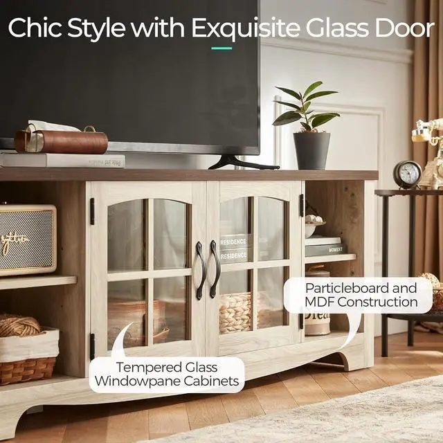 Alt view image 5 of 7 - LINSY HOME Farmhouse TV Stand for 65 Inch TV, Wood Entertainment Center with Glass Door Storage Cabinet & Adjustable Shelves, Large Sturdy TV Console Table for Living Room Bedroom