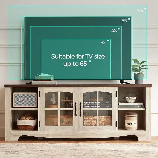 Alt view image 6 of 7 - LINSY HOME Farmhouse TV Stand for 65 Inch TV, Wood Entertainment Center with Glass Door Storage Cabinet & Adjustable Shelves, Large Sturdy TV Console Table for Living Room Bedroom