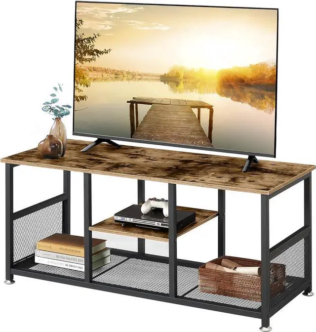 Main image of VECELO TV Stand Up to 50 Inches, 39 Inch Industrial Entertainment Center Media Console with Open Storage Shelves, Wooden Coffee Table with Metal Frame, Brown