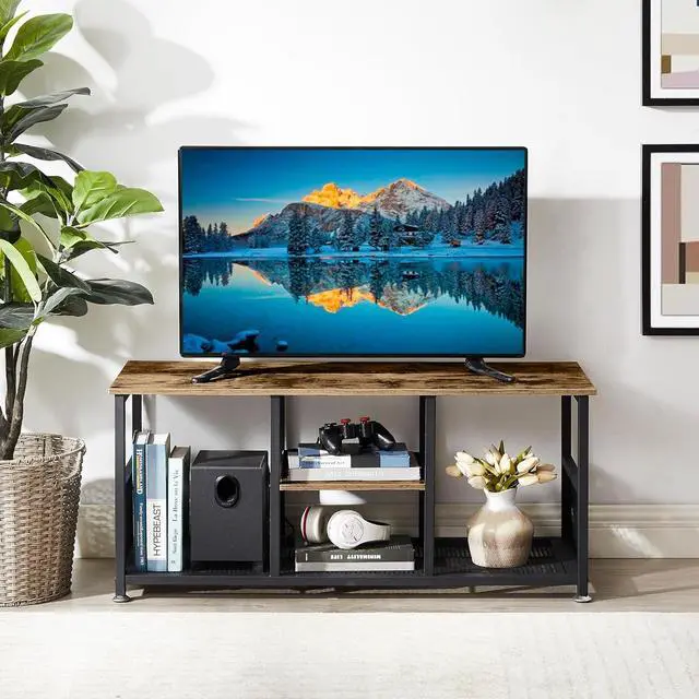 Alt view image 2 of 7 - VECELO TV Stand Up to 50 Inches, 39 Inch Industrial Entertainment Center Media Console with Open Storage Shelves, Wooden Coffee Table with Metal Frame, Brown