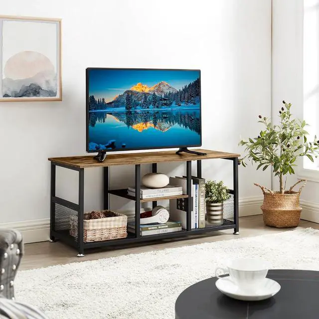 Alt view image 3 of 7 - VECELO TV Stand Up to 50 Inches, 39 Inch Industrial Entertainment Center Media Console with Open Storage Shelves, Wooden Coffee Table with Metal Frame, Brown
