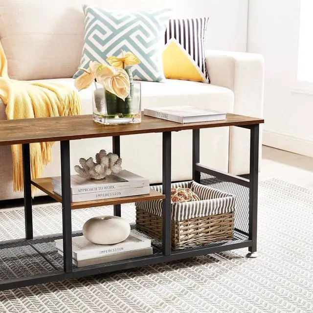 Alt view image 7 of 7 - VECELO TV Stand Up to 50 Inches, 39 Inch Industrial Entertainment Center Media Console with Open Storage Shelves, Wooden Coffee Table with Metal Frame, Brown