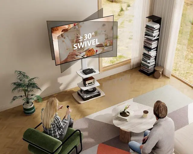 Alt view image 2 of 6 - FITUEYES TV Stand for 32 39 40 43 49 50 55 60 65 70 Inch TVs Tall Floor TV Stands with Sturdy Wood Base Universal Corner Stand for Flat Panel Screen TVs Height Adjustable Shelves White