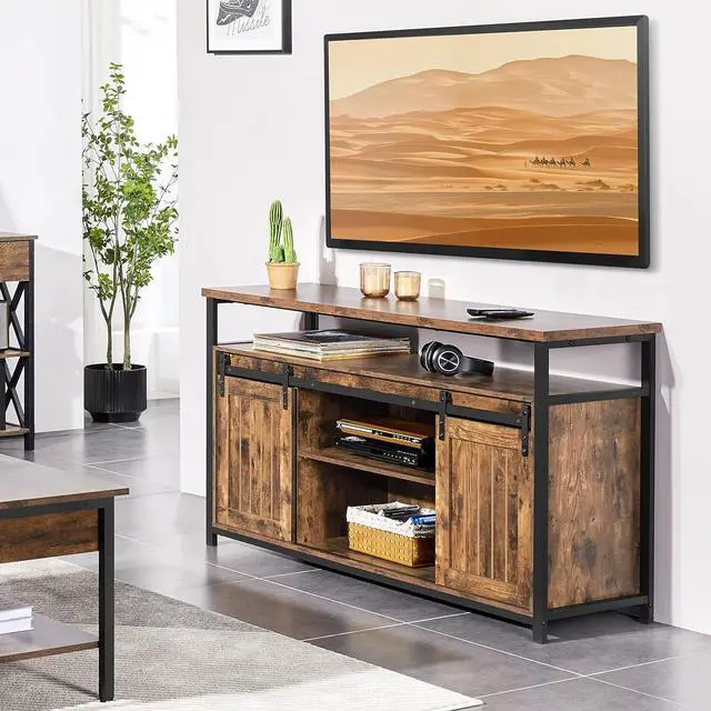 Alt view image 2 of 7 - Yaheetech TV Stand Media Entertainment Center with Sliding Barn Doors for 65 Inch TV, 55 Inch TV Stand with Storage and Adjustable Shelf, Industrial TV Table for Bedroom, Rustic Brown