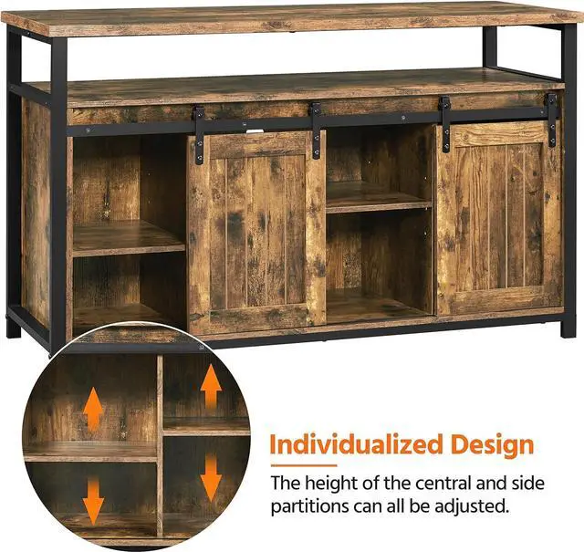 Alt view image 6 of 7 - Yaheetech TV Stand Media Entertainment Center with Sliding Barn Doors for 65 Inch TV, 55 Inch TV Stand with Storage and Adjustable Shelf, Industrial TV Table for Bedroom, Rustic Brown