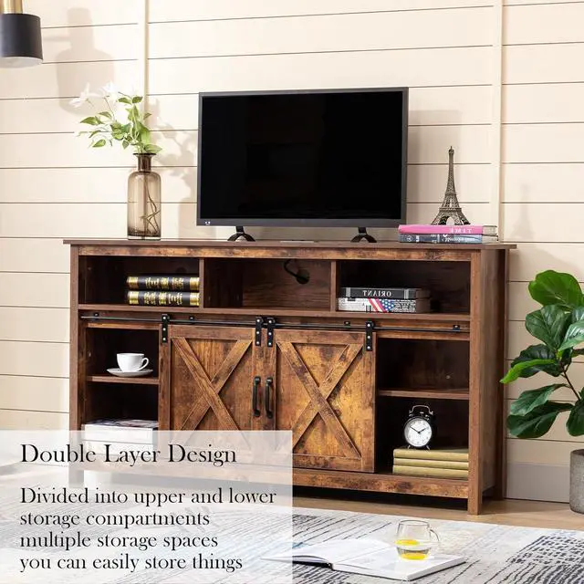 Alt view image 2 of 7 - Vinctik 6&Fox 57 Wooden Farmhouse TV Stand for 60/65 inch TV,Double Layer Storage Entertainment Center TV Console Table,w Double-Row Sockets and 2 Sliding Barn Door,Media Cable Box(Vintage Brown)