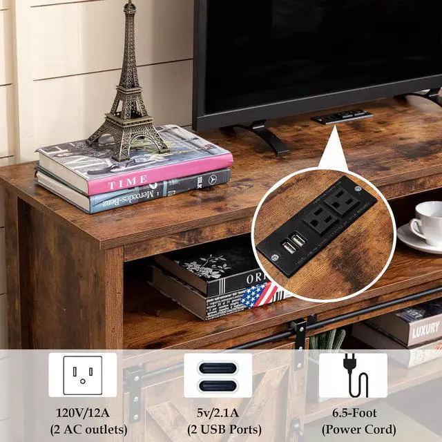 Alt view image 3 of 7 - Vinctik 6&Fox 57 Wooden Farmhouse TV Stand for 60/65 inch TV,Double Layer Storage Entertainment Center TV Console Table,w Double-Row Sockets and 2 Sliding Barn Door,Media Cable Box(Vintage Brown)