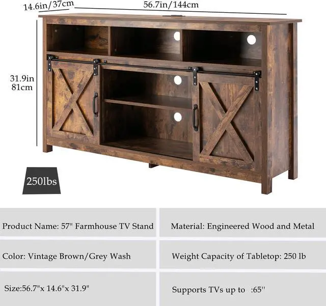 Alt view image 7 of 7 - Vinctik 6&Fox 57 Wooden Farmhouse TV Stand for 60/65 inch TV,Double Layer Storage Entertainment Center TV Console Table,w Double-Row Sockets and 2 Sliding Barn Door,Media Cable Box(Vintage Brown)