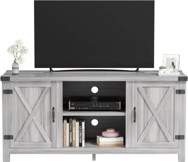 Main image of JUMMICO TV Stand for 65 Inch TV Farmhouse Entertainment Center with Double Barn Doors and Storage Cabinets, Console TV Table Media for Living Room, Bedroom (Grey, Without Fireplace)