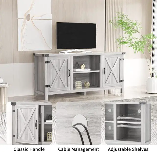 Alt view image 3 of 7 - JUMMICO TV Stand for 65 Inch TV Farmhouse Entertainment Center with Double Barn Doors and Storage Cabinets, Console TV Table Media for Living Room, Bedroom (Grey, Without Fireplace)