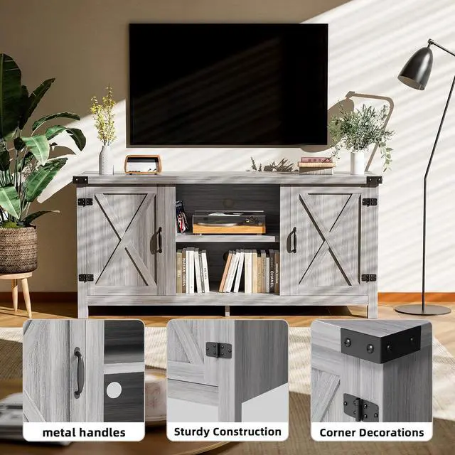 Alt view image 5 of 7 - JUMMICO TV Stand for 65 Inch TV Farmhouse Entertainment Center with Double Barn Doors and Storage Cabinets, Console TV Table Media for Living Room, Bedroom (Grey, Without Fireplace)
