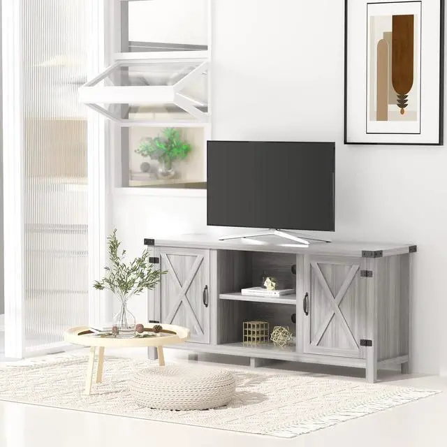 Alt view image 4 of 7 - JUMMICO TV Stand for 65 Inch TV Farmhouse Entertainment Center with Double Barn Doors and Storage Cabinets, Console TV Table Media for Living Room, Bedroom (Grey, Without Fireplace)