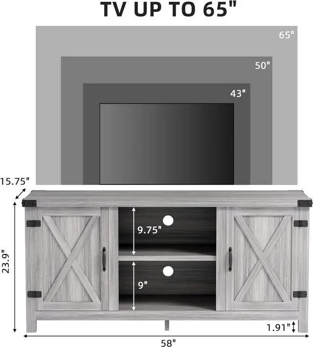 Alt view image 7 of 7 - JUMMICO TV Stand for 65 Inch TV Farmhouse Entertainment Center with Double Barn Doors and Storage Cabinets, Console TV Table Media for Living Room, Bedroom (Grey, Without Fireplace)