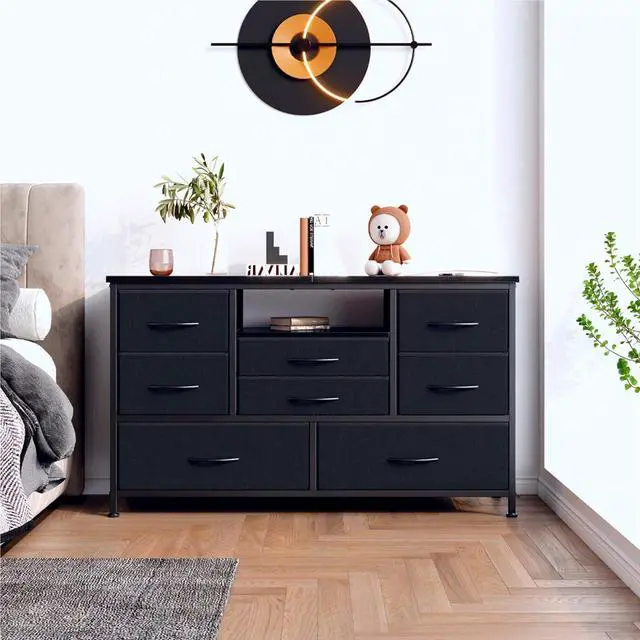 Alt view image 2 of 7 - Jojoka 8 Dresser TV Stand with Power Outlet & LED for 55'' TV, Long Dresser for Bedroom with 8 Deep Drawers, Wide Console Table for Storage in Closet, Living Room, Entryway, Wood Top
