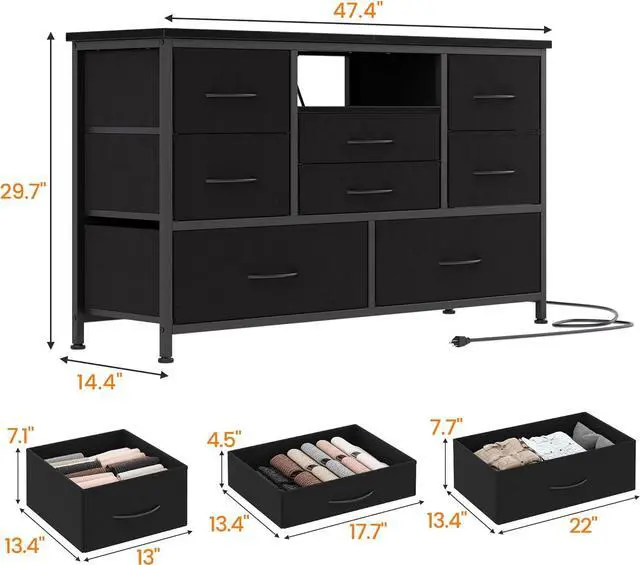 Alt view image 3 of 7 - Jojoka 8 Dresser TV Stand with Power Outlet & LED for 55'' TV, Long Dresser for Bedroom with 8 Deep Drawers, Wide Console Table for Storage in Closet, Living Room, Entryway, Wood Top